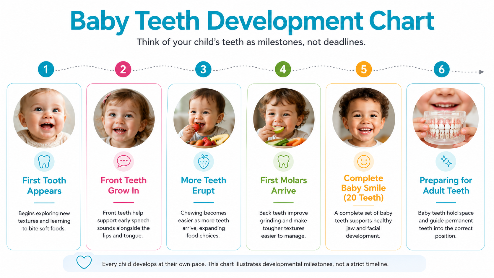 Baby teeth chart - 6 milestones of baby teeth development